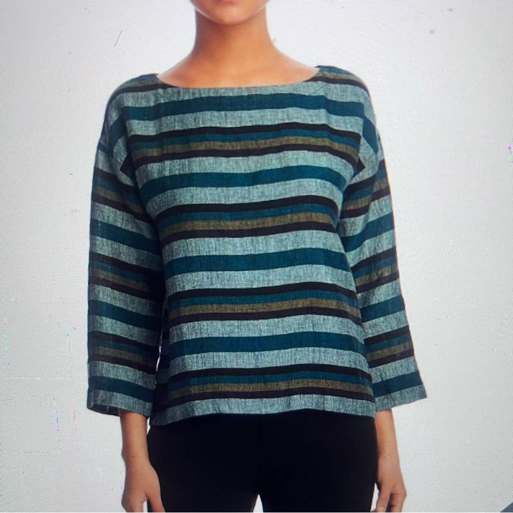 Eileen Fisher Linen Stripe Top S Green 3/4 Sleeve Pullover